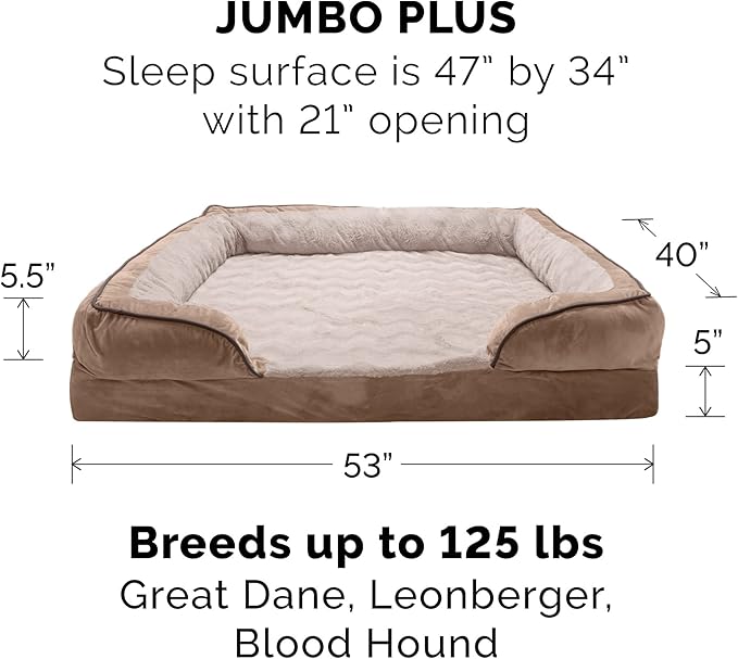 Furhaven Memory Foam Dog Bed for Large Dogs w/ Removable Bolsters & Washable Cover, For Dogs Up to 125 lbs - Plush & Velvet Waves Perfect Comfort Sofa - Brownstone, Jumbo Plus/XXL