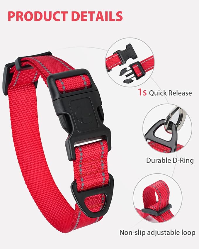 Joytale Reflective Dog Collar, Adjustable Nylon Pet Collar with Quick-Release Buckle for Medium Dogs, Red, M