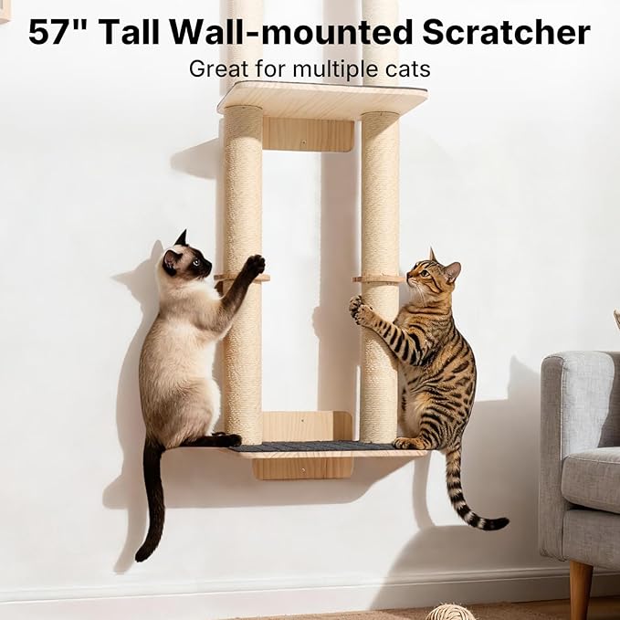 Veehoo Cat Wall Shelves, 57" Cat Wall Climber with Dual Sisal Scratching Posts and Carpeted Perch, Cats Wall Scratcher Furniture for Climb, Play and Rest