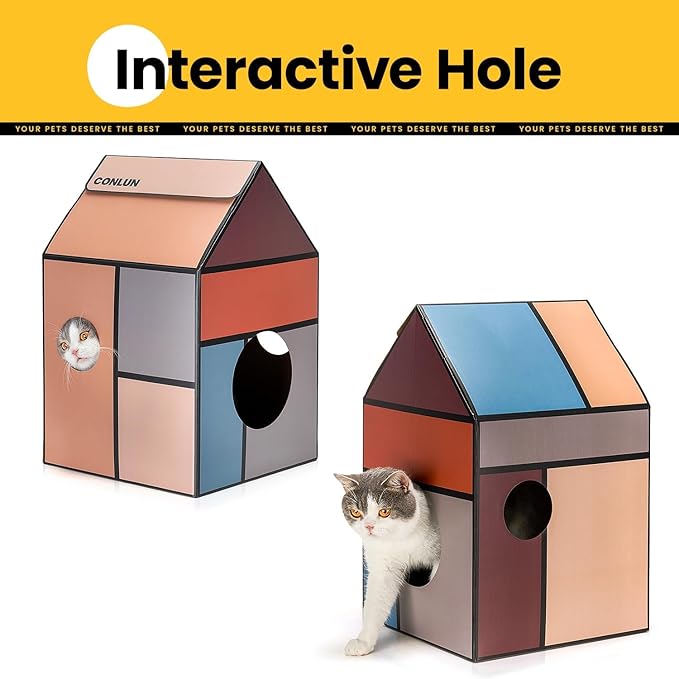 Cardboard Cat House with Scratch Pad & Catnip, Cat Play Scratching House for Indoor Hideaway Furniture, Heavy Duty Sturdy Cardboard Scratcher, Easy to Assemble Birthday Gift, Medium