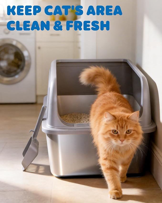Stainless Steel Cat Litter Box, Metal Litter Box with Scoop, High- Sided, Anti-Leakage Top Entry, Non-Sticky, Easy to Clean, Grey, M (1 Pack)