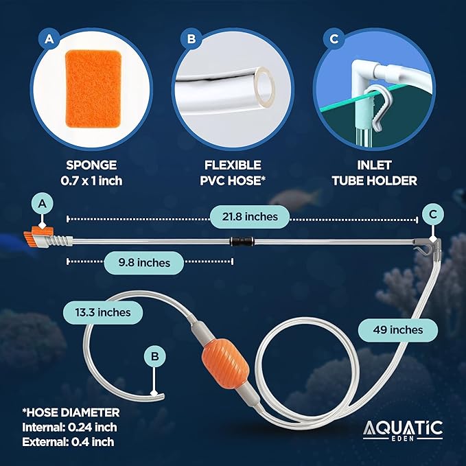 Aquarium Siphon Vacuum & Water Changer Kit with Multi-Head Attachments | Includes Gravel Cleaner, Debris Filter, Brush and Sponge for Effortless Cleaning & Water Changes | Ideal for Tanks Up to 10 Gal