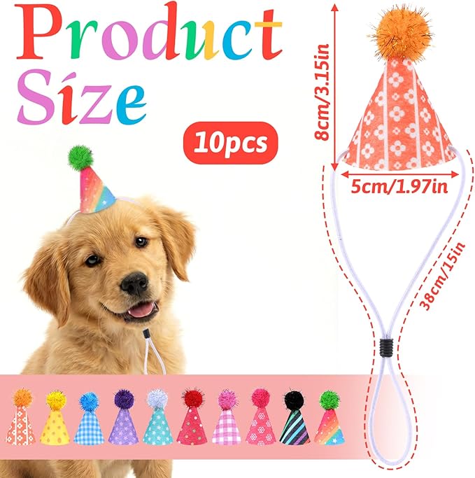 10 PCS Dog Birthday Hat, Mini Party Dog Hats for Small Dogs Cats Stuffed Animals Colorful Adjustable Felt Cone Hats with Pom Poms Pet Birthday Holiday Costume Accessories