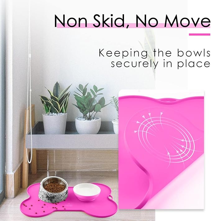 Super Design Dog Food Mat Dog Bowl Mat for Food and Water Silicone Non Spill Cat Feeding Mat Puppy Placemat Waterproof - 20.5" x 14.5", Rose