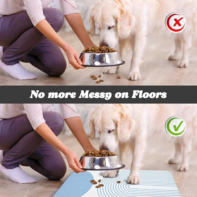 Dog Food Mats for Floors Waterproof, Cat Water Bowl Mats Pet Feeding Absorbent Mat Placemats for Food and Water Blue Bohemia 17 * 30 inch
