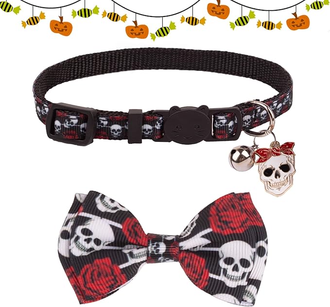 ADOGGYGO Halloween Cat Collars with Bow Bell, Breakaway Kitten Bowtie Collar Spider Web Skull Halloween Collars for Girl Boy Cats Kittens