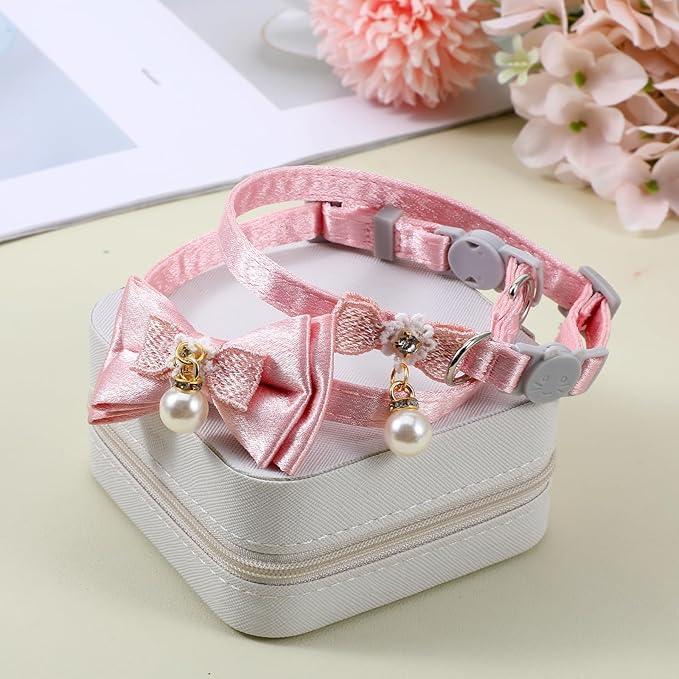 2 Pack Pink Cotton Cat Collars for Girl Cats, Cute Pearl Bow Kitten Collar Breakaway Safety Buckle Cats Pet Collars Adjustable from 7.9 to 11.8 Inches