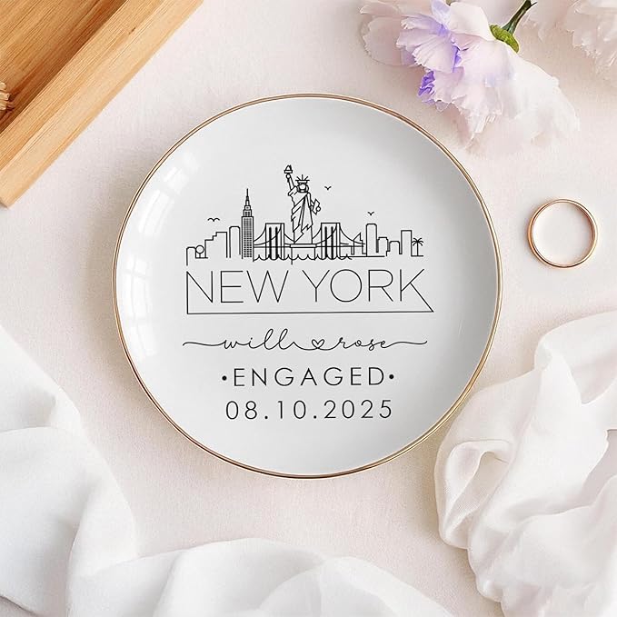 Custom City Skyline Engaged Ring Dish, Engagement Ring Holder, Custom Wedding Jewelry Dish, Jewelry Tray Gifts for Newly Engaged Couple, Trinket Dish Gift for Her Bride Wife