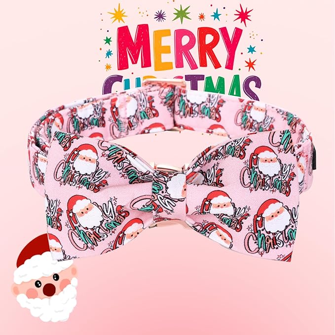 Christmas Dog Collar, Pink Christmas Santa Claus Dog Collar Bow Tie Pet Collars with Bow Adjustable Pet Collars with Premium Metal Buckle Dogs Necklace for Medium Girl Dogs
