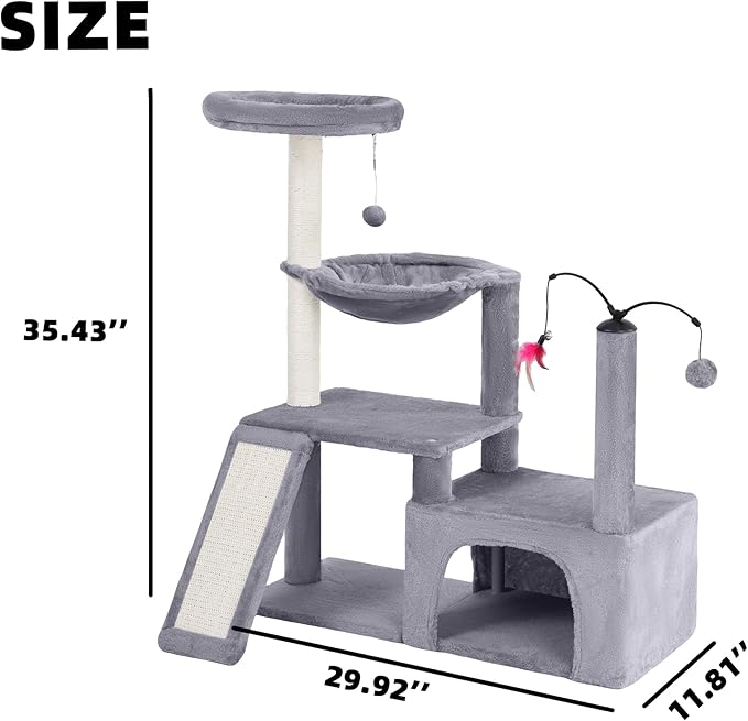 YUNIQUE Multi-Functional Cat Tree Tower, Big Cat Condo with Scratching Board, Rotating Toy & Deep Hammock, Luxury Perch Kitty Furniture for Indoor Cats (Grey)