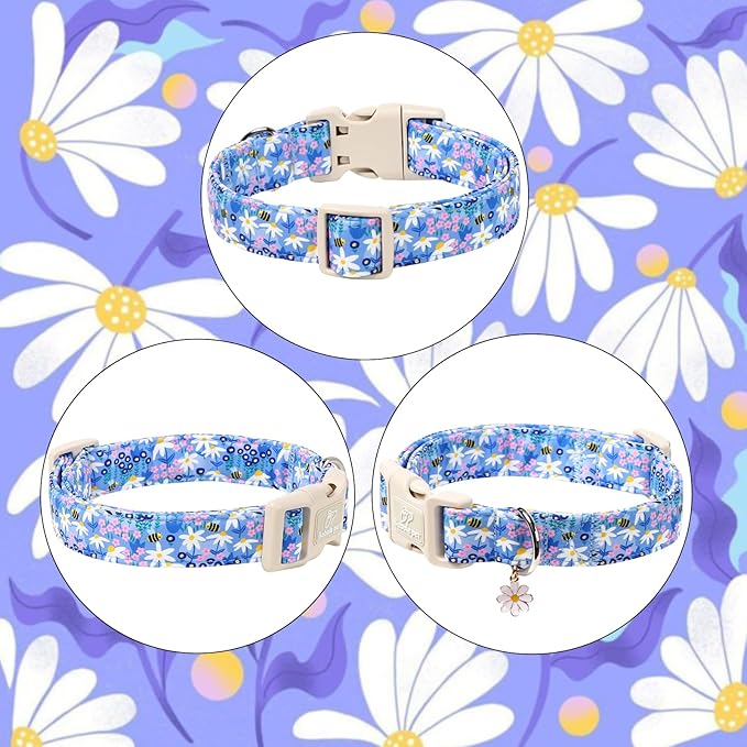 Floral Dog Collar for Small Dogs - Cute Spring Dog Collars, Soft Lightweight Bee & Daisy Puppy Collar, Breathable Adjustable Male Female Blue Wildflowers Dogs Collars XS