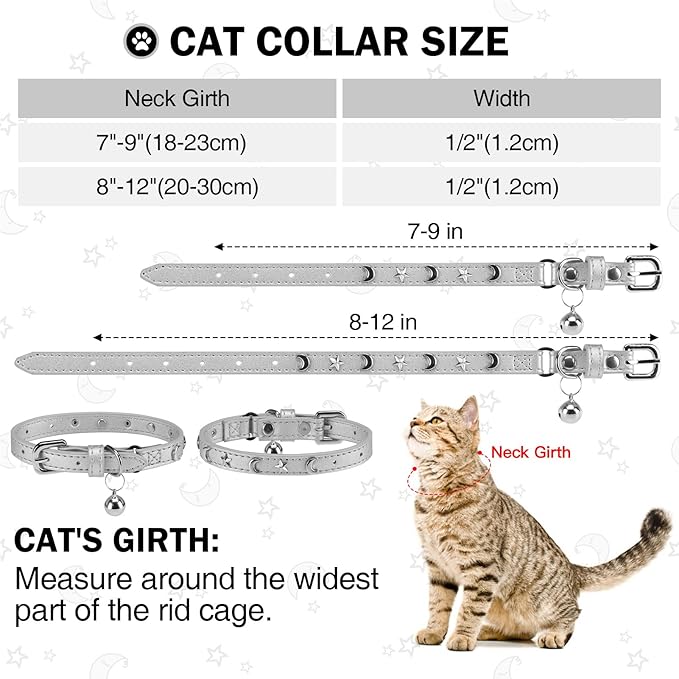 Leather Cat Collars for Boy Girl Cats with Bell and Safety Elastic Belt, Personalized Star and Moon Stud Adjustable Safe Buckle Collar for Kitty Small Big Cats Size 8-12 Inch, Silver Grey