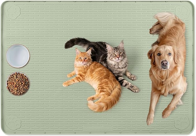 Cat Food Mat, 57" x 40" Extra Large Silicone Pet Feeding Mat with Raised Edge Pet Placemat for Food and Water Bowl Non-Slip, Easy to Clean, Floor Protection (Green)