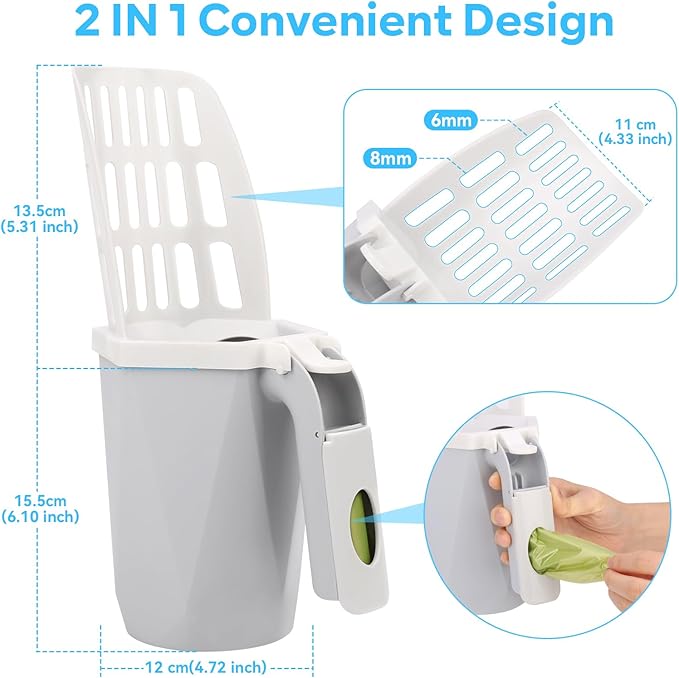 MYPIN Cat Litter Scooper with Holder, Cat Litter Shovel with Waste Can and Refill 195 Bags, Large Capacity Cat Scooper Portable Litter Shovel, Cat Litter Sifter Scoop System with Bags