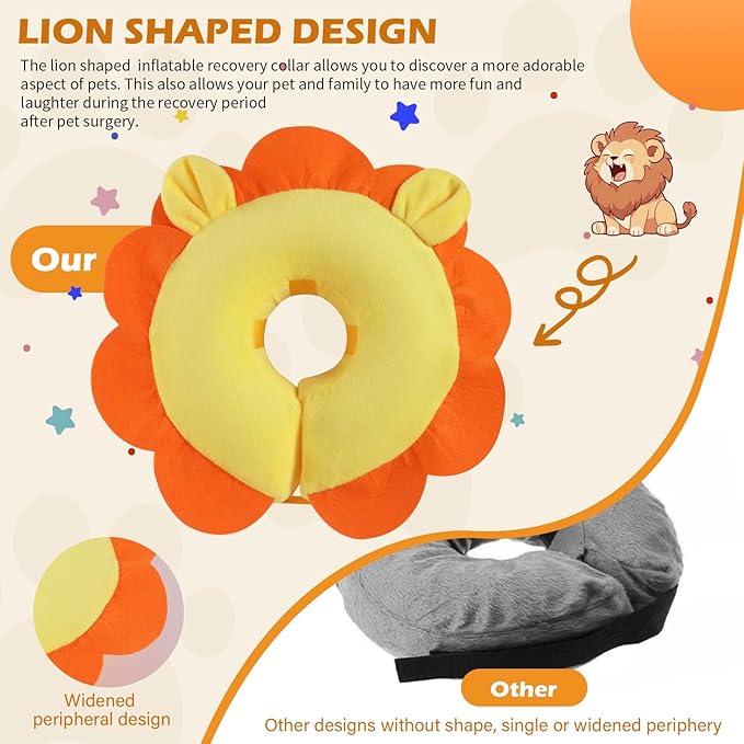 IEUUMLER Inflatable Recovery Dog Collar, Protective Donut Cone, Adjustable Soft Collar for Dog and Cat After Surgery Prevent from Biting & Scratching EU002 - Orange Lion M+