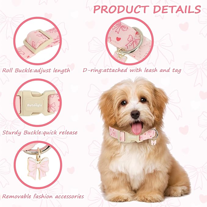Pink Bow Dog Collar, Adjustable Cotton Dog Collar for Small Medium Large Dogs, Cute Puppy Collars for Girl Female Dogs, Ideal for Gifts,Pet Accessory,M