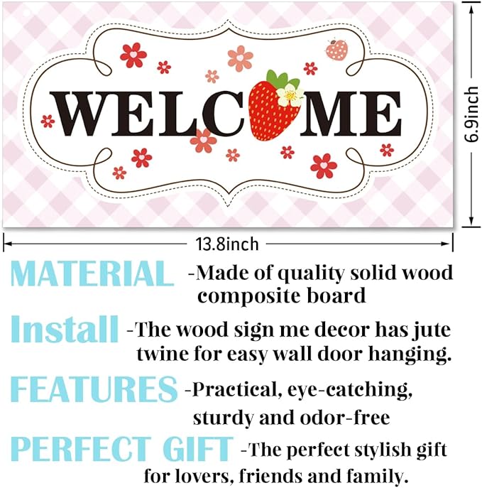 Welcome Sign for Front Door, Welcome Decor Wooden Hanging Sign for Girl Room Decor, Strawberry Pattern Wooden Hanging Signs, Cute Girl Style Front Door Decoration 13.8X6.9 inches