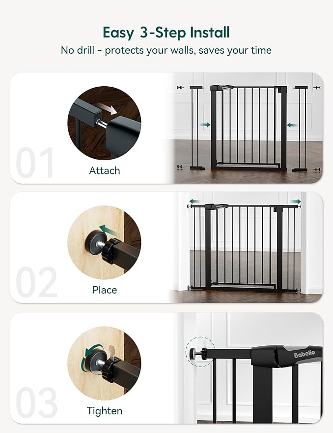 Babelio Baby Gate, 29-43" Auto-Close Easy Install Pet Gate, PressGuard P7 Extra Wide Walk Thru Child Safety Gate, 30" Tall Pressure-Mounted Metal Dog Gate for Doorways & Stairs, Black
