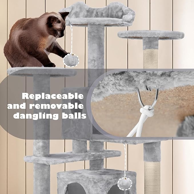 54 Inches Cat Tree Tower for Indoor Cats, Cat Tree Tower Condo with Scratching Post for Cats House Play, Multi-Level Furniture Activity Center for Pet, Sisal Rope, Light Gray