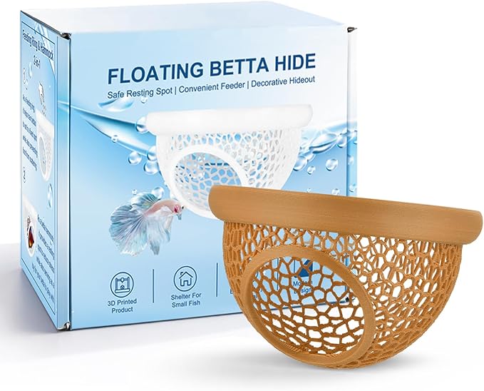 Floating Betta Hide & Shrimp Cave – 3D Printed Aquarium Hammock, Feeder & Rest Spot – Floating Betta Log & Cave Decor for Nano Tanks, Corydoras, Shrimp & Small Fish – Safe PLA, Patent Pending