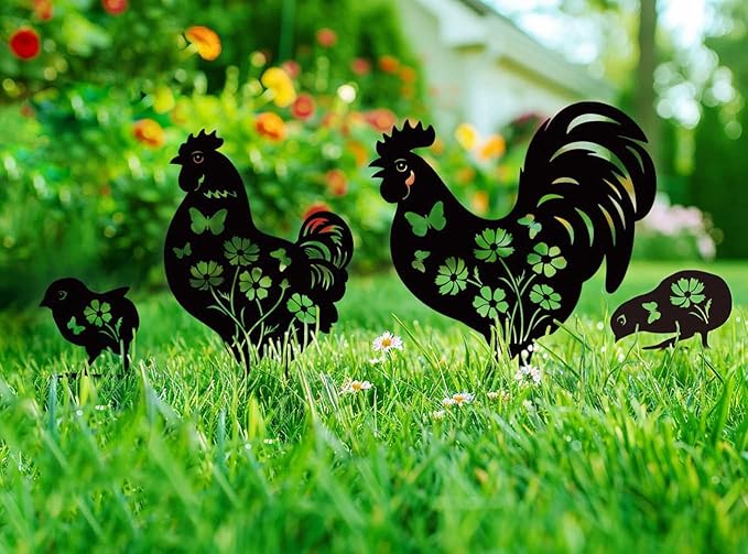 Metal Chicken Garden Decor for Outside, 4 Pcs Metal Chicken Yard Art, Decorative Garden Stakes Chicken Gifts for Chicken Lovers Woman/Man, Patio/Lawn Outdoor Chicken Decor, Chicken Garden Art