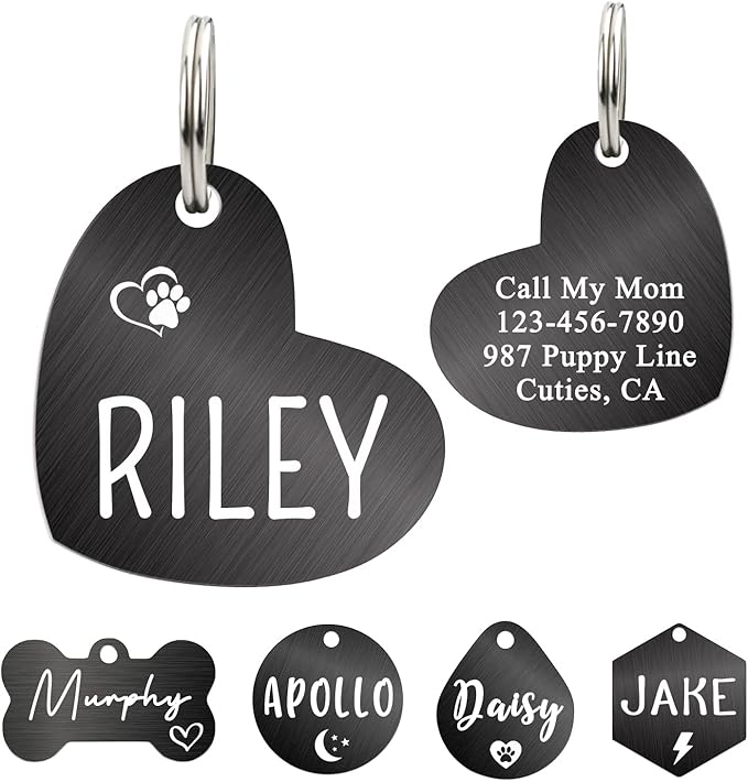 Ultra Joys Dog ID Tag, Custom Dog Tag Personalized Cat Tag, Pet ID Tag, Brushed Stainless Steel Heart Cat Tags Pet Tags Heart Dog Tag Black Medium