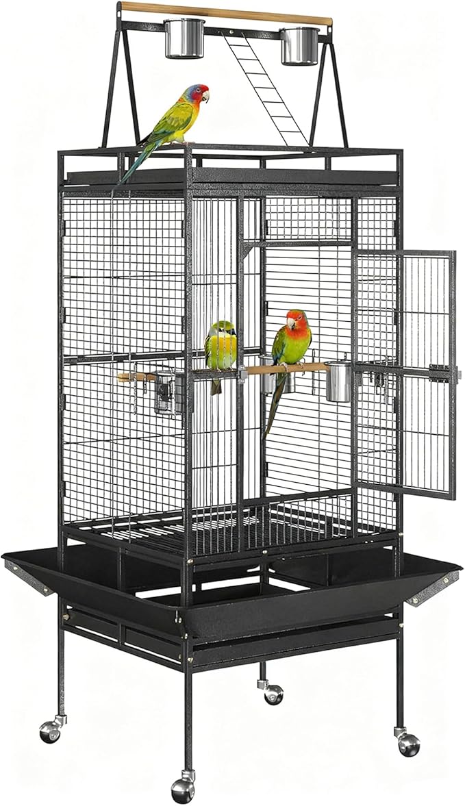 ZENY 68-Inch Birdcage, Playtop Parrot Cage, Wrought Iron Bird Cage with Rolling Stand, Heavy-Duty Pet Bird House for Parrot Cockatiel Cockatoo Parakeet Macaw Finches, Black