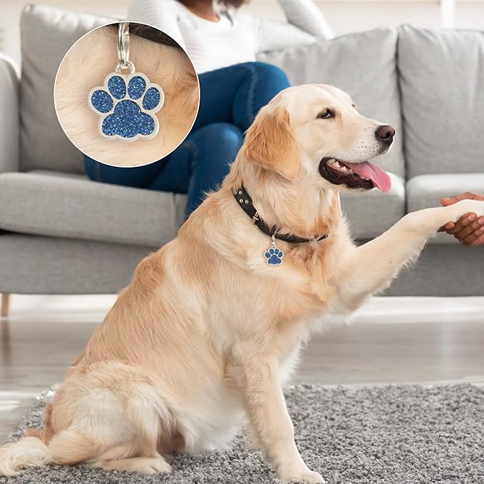 Paw Shape Dog ID Tag Stainless Steel Custom Laser Engraved, Cute Bling Glitter Pet Name Tags Personalized with Durable Engraving (Silver Sparkly Paw)