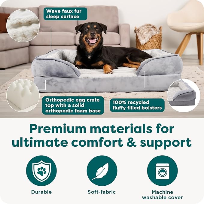Furhaven Orthopedic Dog Bed for Large Dogs w/ Removable Bolsters & Washable Cover, For Dogs Up to 95 lbs - Plush & Velvet Waves Perfect Comfort Sofa - Granite Gray, Jumbo/XL