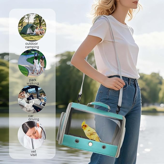 Long Tail Portable Bird Travel Carrier Cage with Metal Tray Soft Mat and Wooden Standing Perch, Hands Free Lightweight Clear 2 Windows Carry Bag for Parakeet Budgies Cockatiel Transport to Vet