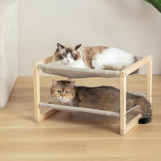 Cat Hammock, Double Layer Wooden Bed for Indoor Cats, 2 Tier Elevated Cat Bed with Breathable & Washable Covers, Sturdy Natural,20 x 16.5 x 13 Inch