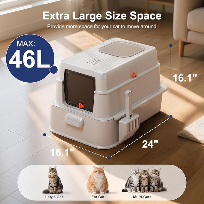 FURTIME Stainless Steel Litter Box with Lid, XL Extra Large Cat Litter Box for Big Cats, Enclosed Drawer Metal Litter Boxs with High Sided, Include Scoop & Mat, Front & Top Entry, Odor Free, Non-Stick