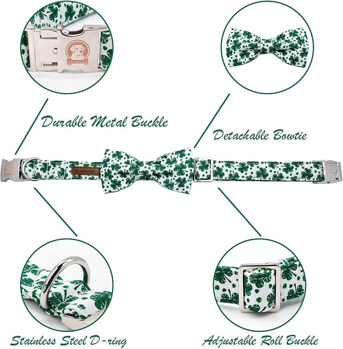 MR. CHUBBYFACE St.Patrick's Day Dog Collar Green Clovers Adjustable Dog Collar Bow Tie for Small Medium Large Dogs