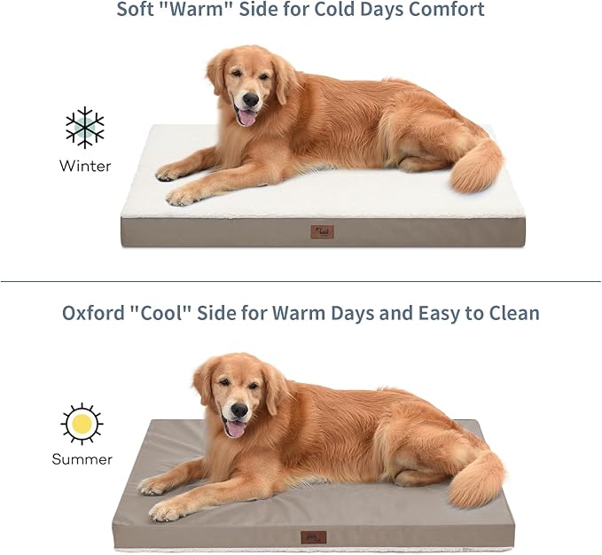 Plush Orthopedic Dog Bed for Medium Dogs & Puppies, Waterproof Dog Beds 30x20 Inch with Removable Washable Cover, Egg Crate Foam Flat Pet Mat, Khaki White
