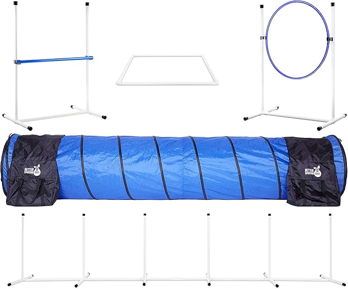 Better Sporting Dogs Complete Starter Agility Set for Dogs | 5 Piece Dog Agility Kit | Agility Jump | Tire Jump | Weave Poles | 10’ Tunnel with Sandbags | Pause Box