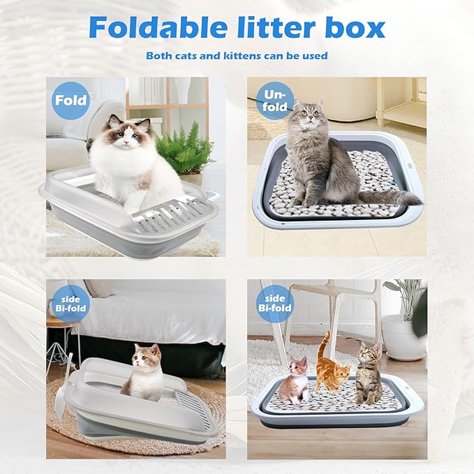 kathson Collapsible Litter Box for Kittens,Low Entry Senior Cat Litter Box Semi-Enclosed Kitten Potty Toilet with Leak-Proof Pedal Foldable Kitty Litter Pan for Small Cats (Grey)