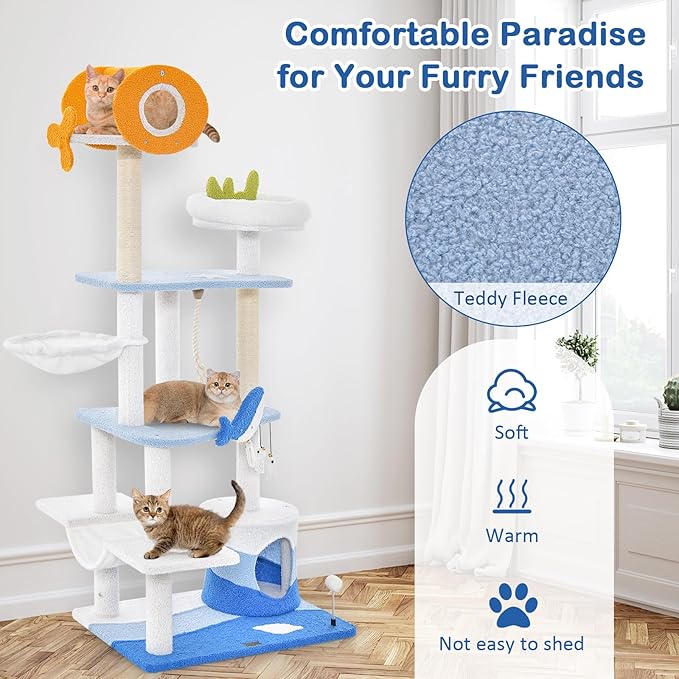 Tangkula Ocean-Themed Cat Tree, 3-Level Cat Tower with Sisal Scratching Posts, Condo, Perch, Hammock, Dangling Toys, Spring Ball, Sisal Rope, Cute Cat Activity Center for Indoor Cats (66 Inch)