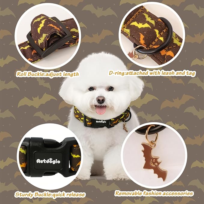 Fall Dog Collar, Halloween Dog Collars for Small Dogs, Cotton Puppy Collar with Bat Pattern, Pet Collar for Small Medium Large Dogs, Girl Boy Dogs Collar with Quick Release Buckle-S