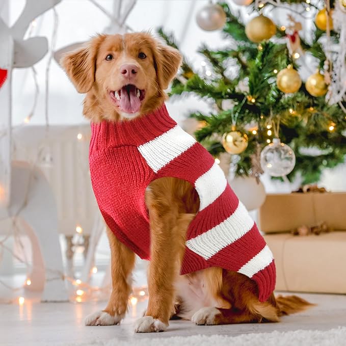 Dog Christmas Sweater Cute Striped Reindeer Xmas Pet Clothes Holiday Puppy Cat Costume New Year Gifts for Small Medium Large Dogs Jumpers (XL, Red White Stripe Reindeer)