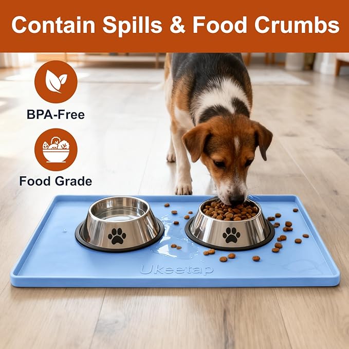 Extra Thick Silicone Mat Waterproof with Raised Edge 19” x 12”, BPA Free Non-Slip Dog & Cat Food Mat, Feeding Mat for Food and Water Bowls, Spill Proof Mat to Protect Floors, Blue