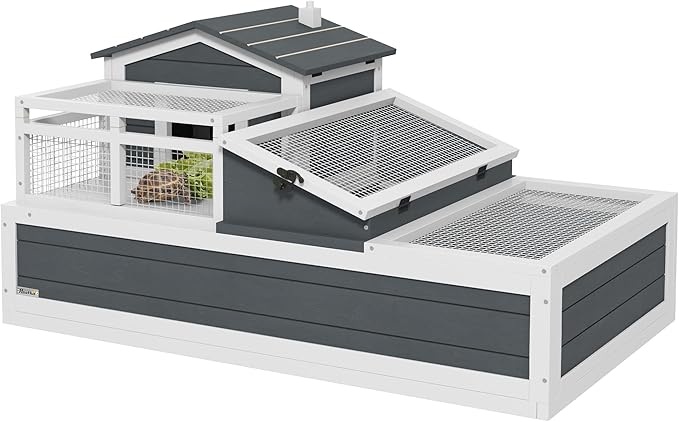 PawHut 3- Room Tortoise House Habitat with Balcony & 2 Stories, Indoor/Outdoor Wooden Tortoise Enclosure with Ladder, Tray, Openable Roof, Large Reptile Cage, 44" x 25.5" x 23", Gray