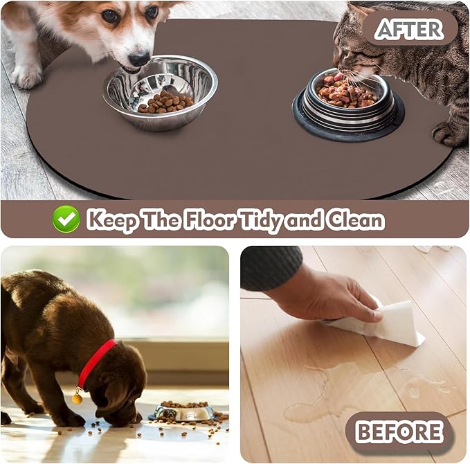 Cat Food Mat 24''x16'', Absorbent Cat Mats for Food and Water, Non-Slip Rubber Mat for Cats Bowls, Easy Store Pet Food Placemat, Mats for Under Cats Food Bowls, Fit with Kitchen, Living Room, Brown