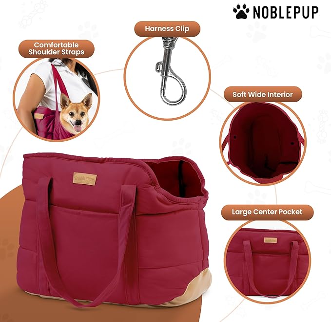 Plush Dog Purse Carrier for Small Dogs, Soft Dog Tote Bag with Safety Harness Clip, Cozy Pet Carrier for Dogs Under 15 lbs, Comfortable Dog Shoulder Carrier for Travel, Red