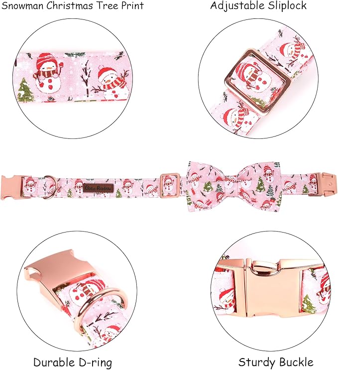 Christmas Dog Collar, Christmas Tree and Snowman Print Cute Winter Holiday Collars Cotton Adjustable Comfortable Pink Dog Collar with Bow,Stylish Collars for X-Large Girl Dogs