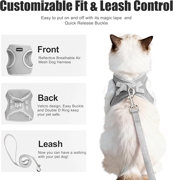 PetiFine Extra Small Step in Dog Harness and Leash Set, Cat Harness and Leash Escape Proof, All Weather Mesh Reflective, Step-in Air Vest Harnesses for Puppy(XXXS, Grey)