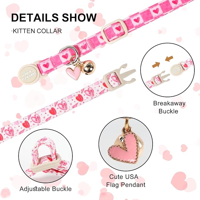 Unique Style Paws Pink Kitten Collars,Cute Valentine Cats Collar with Bell,Kitten Collar Breakaway Buckle with Heart Pattern,Adjustable Valentine Cat Collars,Ideal Gift for Boy Girl Cats