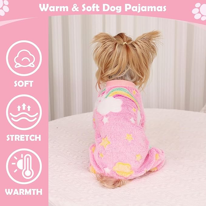 Dog Sweaters Small Girl Warm Fleece Pajamas, Cute Extra Small Dog Clothes, 4 Legs Puppy Jumpsuit Pjs Soft Stretchy Doggie Onesies Pet Outfit Apparel for Chihuahua Yorkie, Rainbow Pink, XXXS