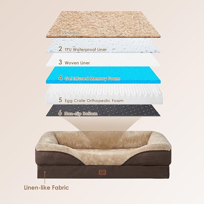 EHEYCIGA Orthopedic XL Dog Bed for Large Sized Dog, 42x30x7.5 Inch Extra Large Memory Foam Dog Couch Bed with Sides, Waterproof Liner & Washable Removable Cover, Bolster Pet Sofa, Brown