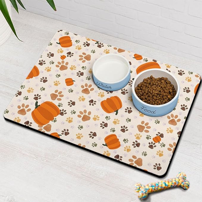 Fall Pumpkin Dog Food & Water Mat, Paw Prints Autumn Pet Feeding Mat for Floor Non-Slip Waterproof, Super Absorbent Cat Bowl Mat, Easy to Clean Eco-Friendly Durable Pet Placemat,24" × 32"