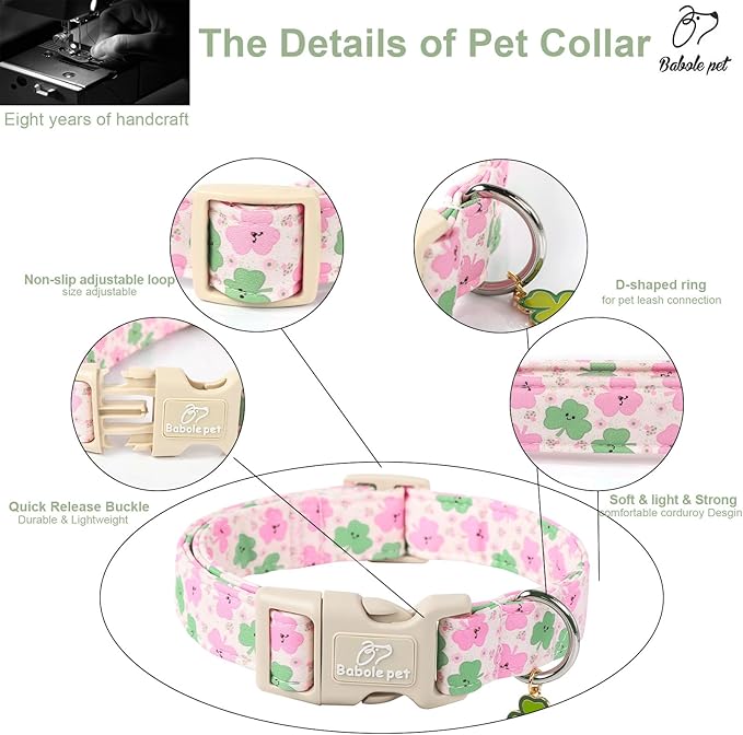 St Patricks Day Dog Collar for Large Dogs - Cute Light Pink Shamrock Girl Dog Collars, Adjustable Irish Clover Puppy Collar with Quick Release Buckle L
